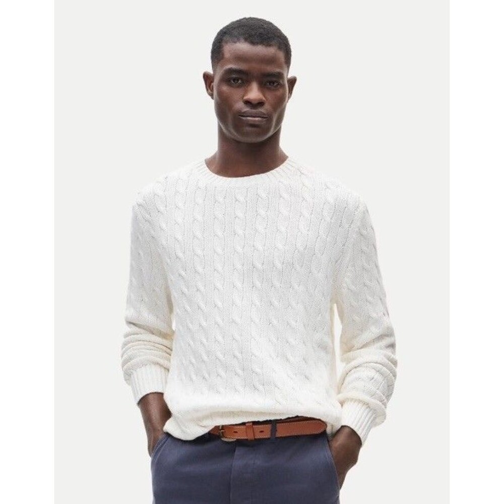 J.Crew Mens Cable-Knit Cotton Crewneck Sweater Size Medium Cream Heritage Preppy